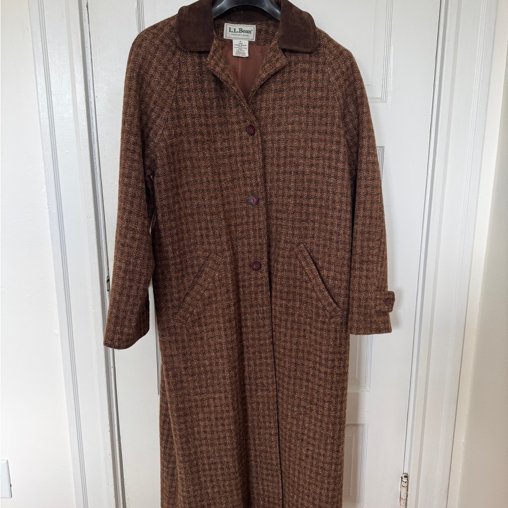 L.L. Bean Brown Wool Houndstooth Trench Coat with Suede Collar